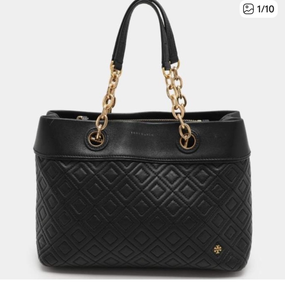 Tory Burch Fleming Triple Compart Black Quilted Shoulder Bag with Gold Accents